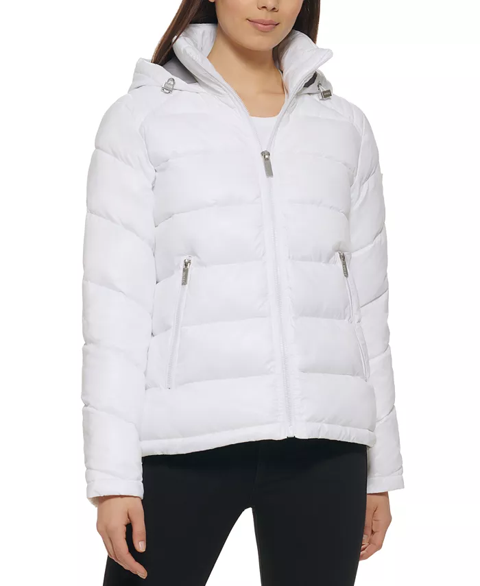 GUESS Women's High-Shine Hooded Puffer Coat