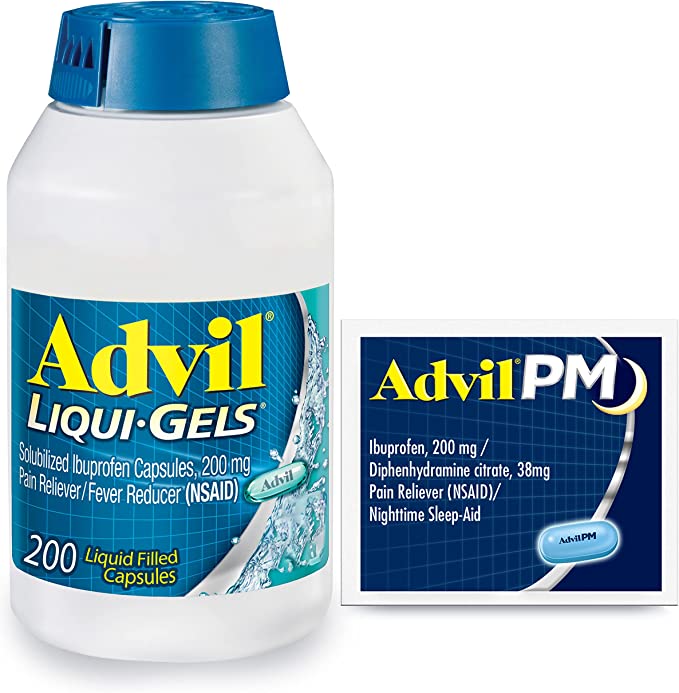 Advil Liqui-Gels Pain Reliever and Fever Reducer, Pain Medicine for Adults with Ibuprofen 2mg for Headache, Backache, Menstrual Pain and Joint Pain Relief - 2 Capsules, Advil PM Ibuprofen - 2 Ct
