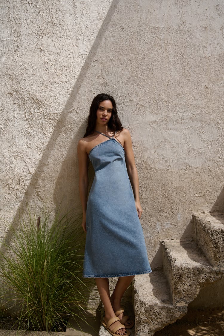 ASYMMETRIC DENIM MIDI DRESS