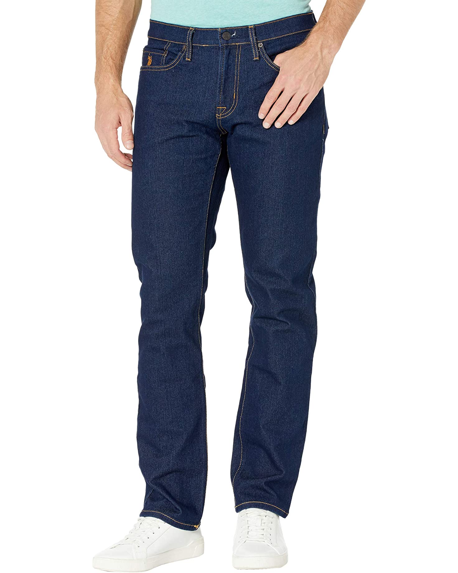 Stretch Slim Straight Five-Pocket Denim Jeans in Blue Rinse
