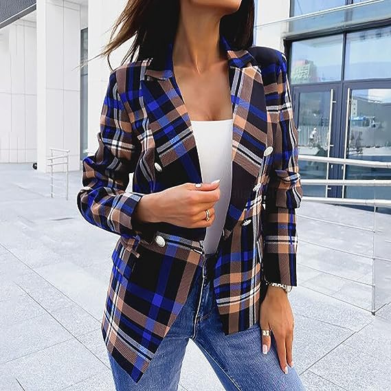 Plaid Blazer for Women Fashion Casual Notched Collar Blazer Women Classic Fit Open Front Business Work Office Jacket