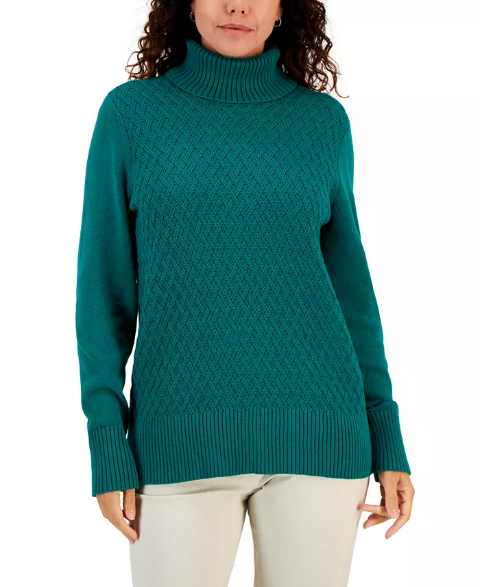 KAREN SCOTT Women's Cable-Knit Turtleneck Cotton Sweater, Created for Macy's