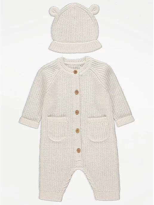 White Knitted All In One Romper and Hat Outfit