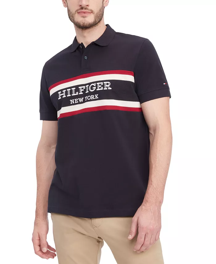 TOMMY HILFIGER Men's Regular-Fit Colorblocked Stripe Monotype Logo Embroidered Polo Shirt