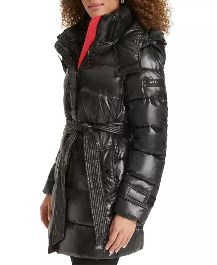 Karl Lagerfeld Womens Shine Hooded Short Belted Puffer Coat