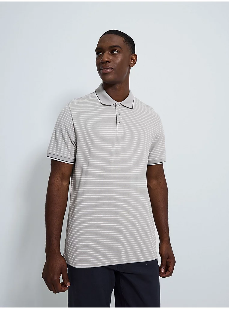 Grey Thin Striped Polo Top