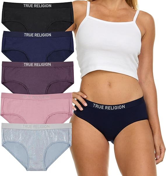 True Religion Hipster Panties for Women, 5 Pack Cotton Stretch Hipster Underwear