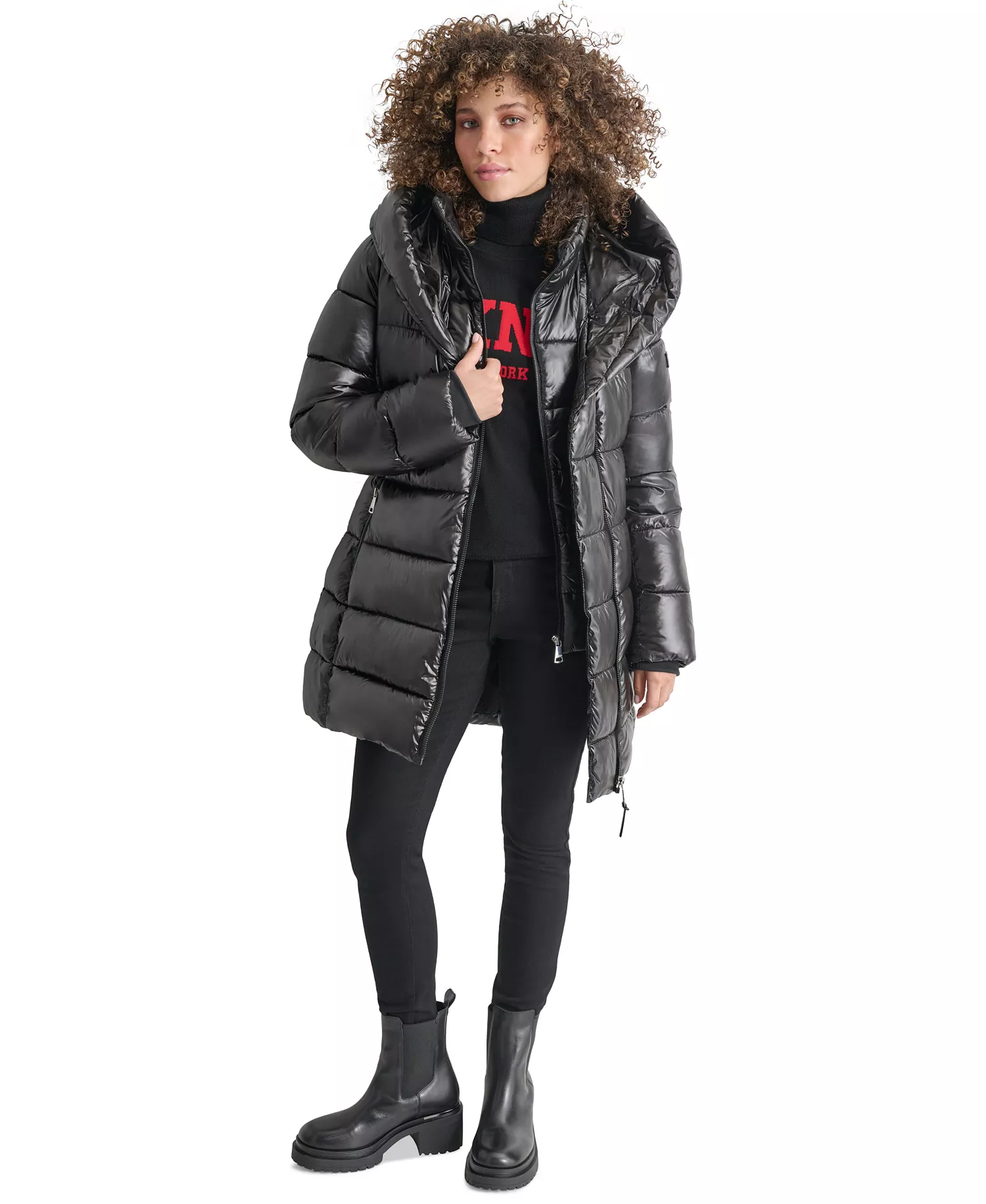 DKNY Women's Bibbed Shawl-Collar Packable Shine Puffer Coat
