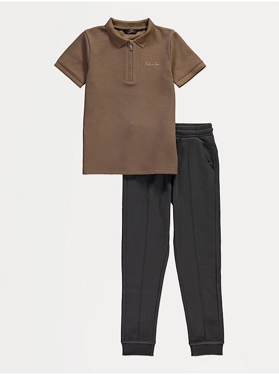 Textured Short Sleeve Polo Top and Joggers Outfit