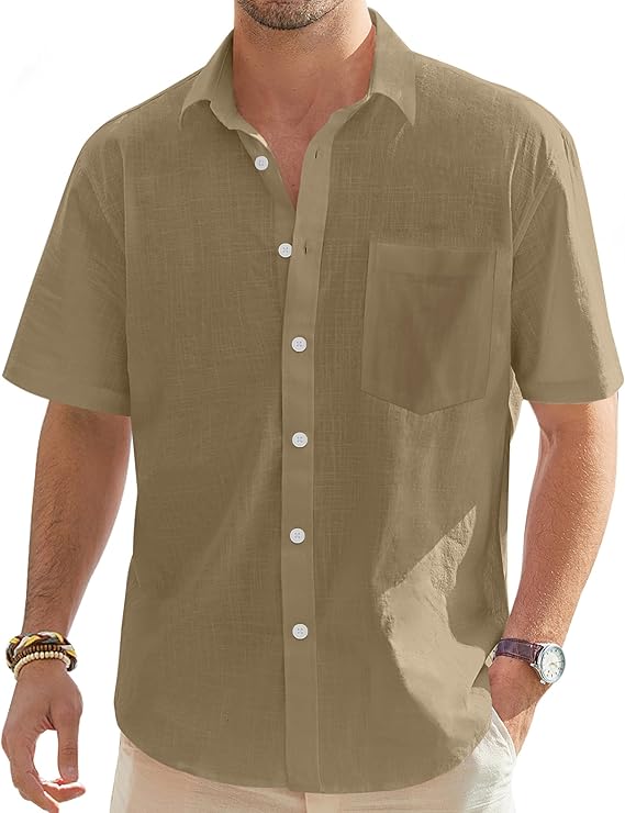 J.VER Men's Linen Short Sleeve Shirts Cotton Casual Lightweight Button Down Shirt Beach Vacation Summer Tops with Pocket